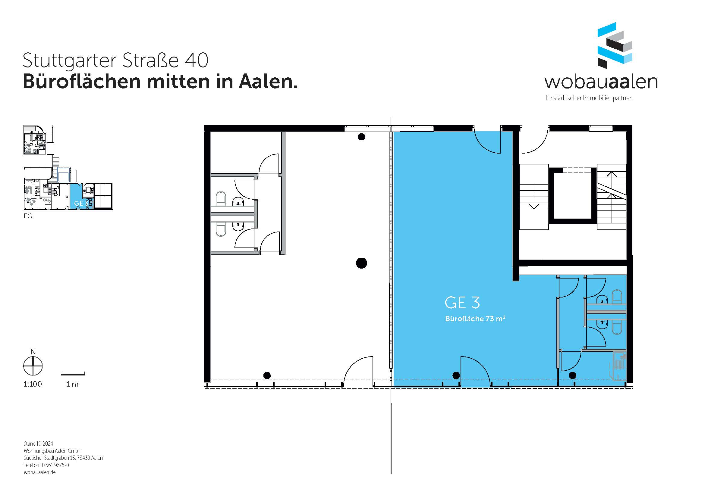 Grundriss der Bürofläche GE 3 – Stuttgarter Straße 40, Aalen Grundriss der Büroeinheit GE 3 mit 73 Quadratmetern in der Stuttgarter Straße 40 in Aalen. Der Plan zeigt die Raumaufteilung inklusive Sanitärbereich und Eingangsbereich.