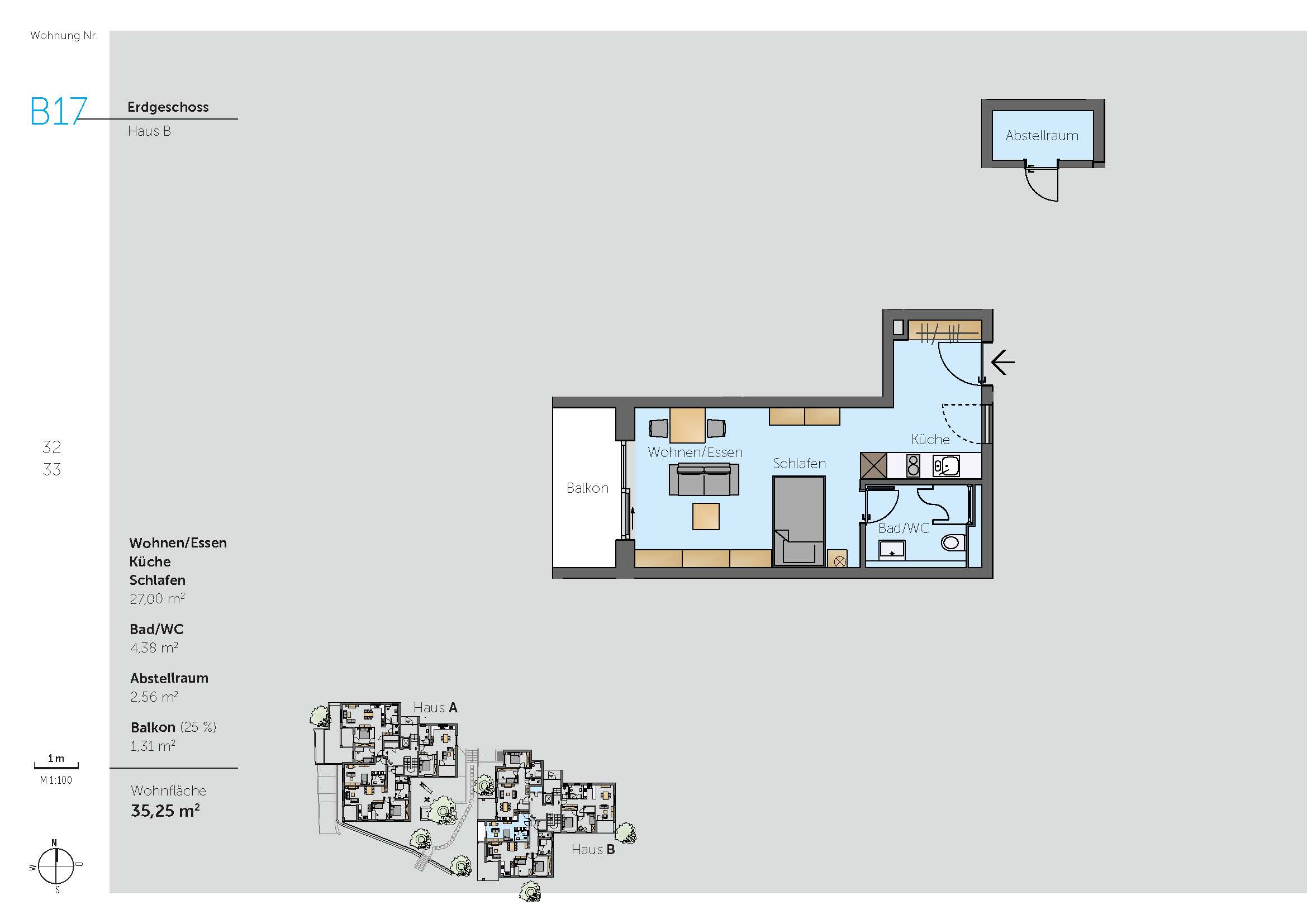 Grundriss Wohnung B17 – Erdgeschoss Haus B Grundriss der Wohnung B17 im Erdgeschoss von Haus B mit Wohn-/Essbereich, Küche, Schlafzimmer, Bad/WC, Abstellraum und Balkon – Wohnfläche: 35,25 m²