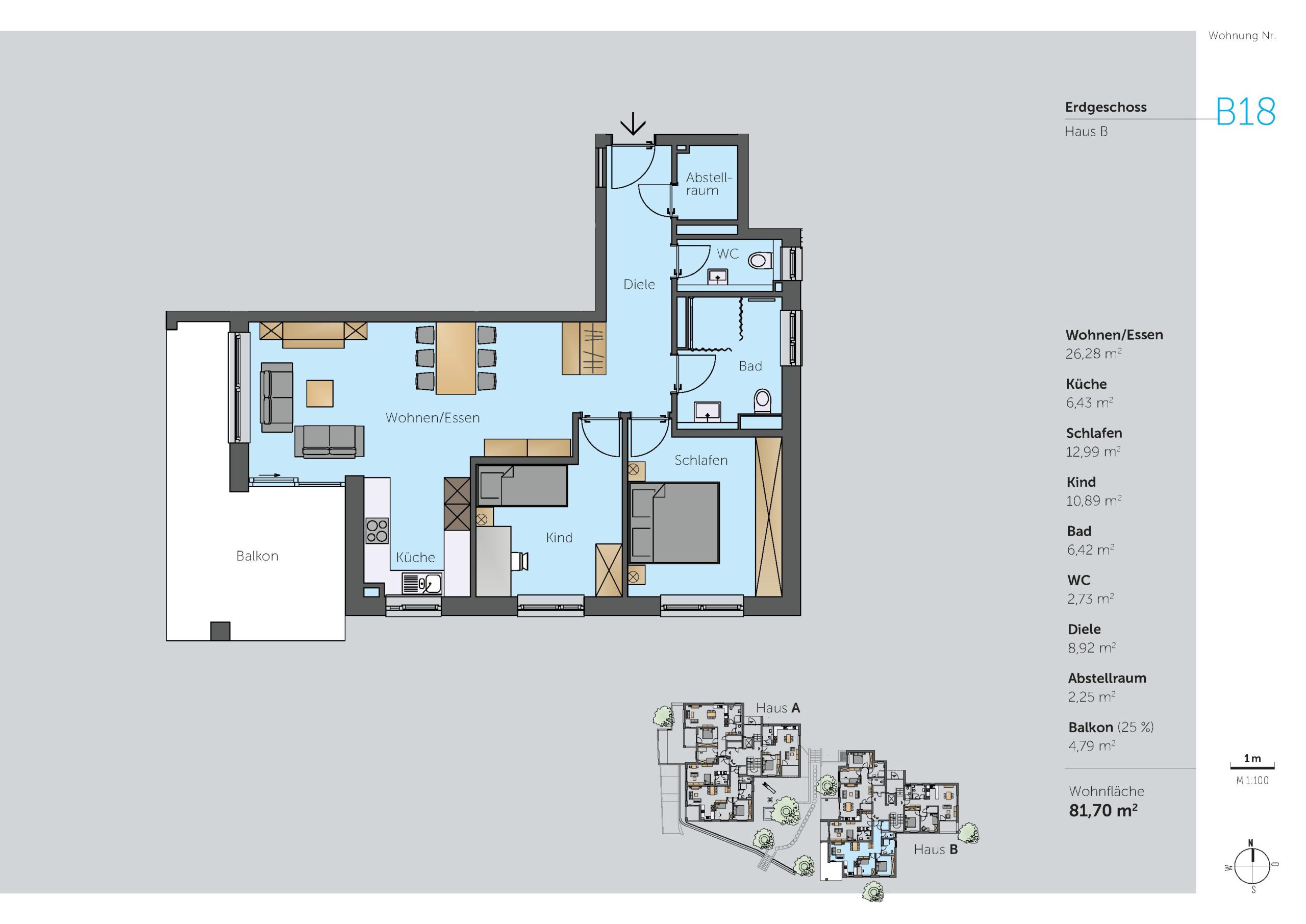 Grundriss Wohnung B18 – Erdgeschoss Haus B Grundriss der Wohnung B18 im Erdgeschoss von Haus B mit drei Zimmern, Küche, Bad, WC, Diele, Abstellraum und großem Balkon – Wohnfläche: 81,70 m².