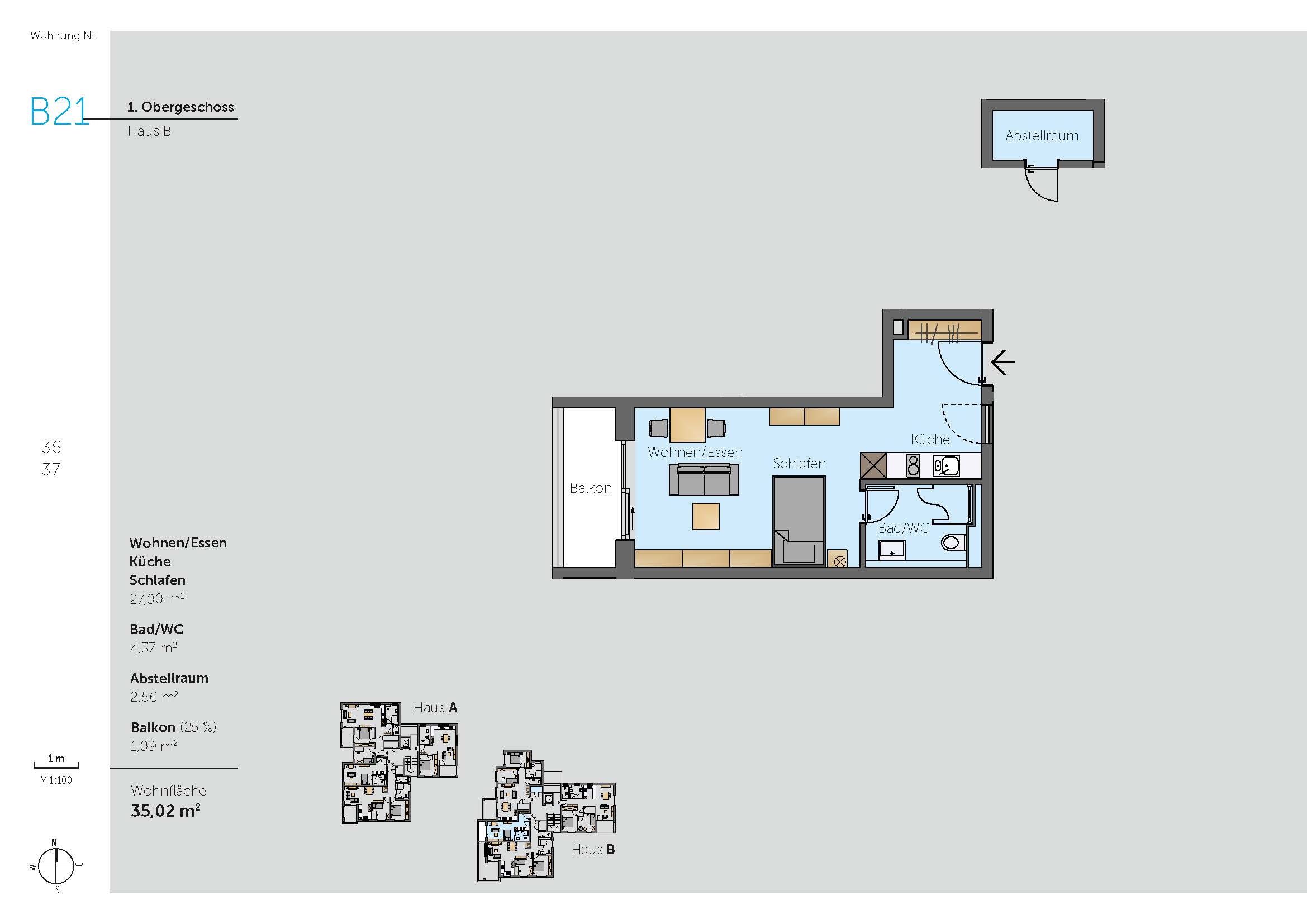 Grundriss Wohnung B21 – 1. Obergeschoss Haus B Grundriss der Wohnung B21 im 1. Obergeschoss von Haus B mit Wohn-/Essbereich, Küche, Schlafzimmer, Bad/WC, Abstellraum und Balkon – Wohnfläche: 35,02 m².