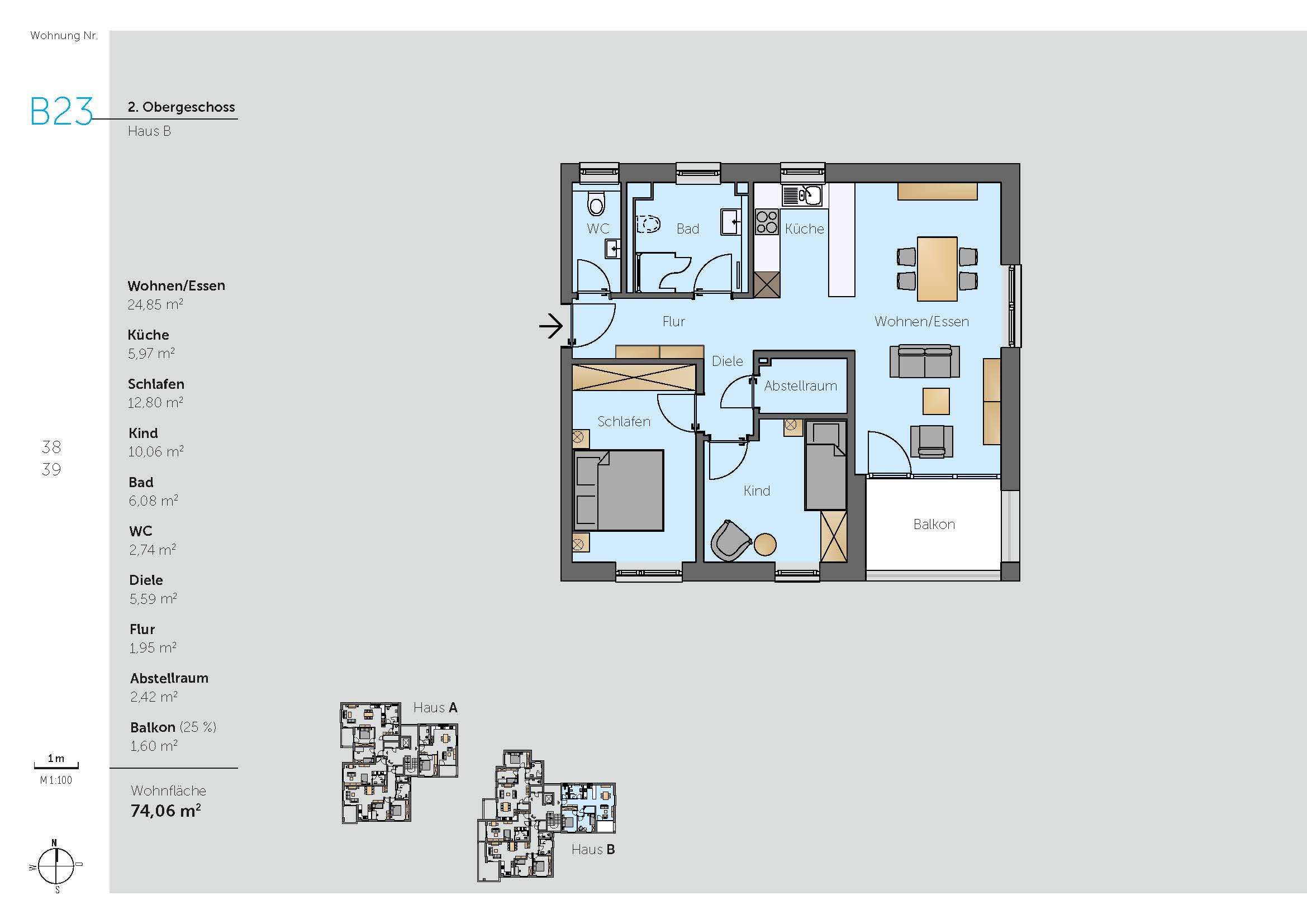 Grundriss Wohnung B23 – 2. Obergeschoss Haus B Grundriss der Wohnung B23 im 2. Obergeschoss von Haus B mit drei Zimmern, Küche, Bad, WC, Abstellraum, Diele, Flur und Balkon – Wohnfläche: 74,06 m².