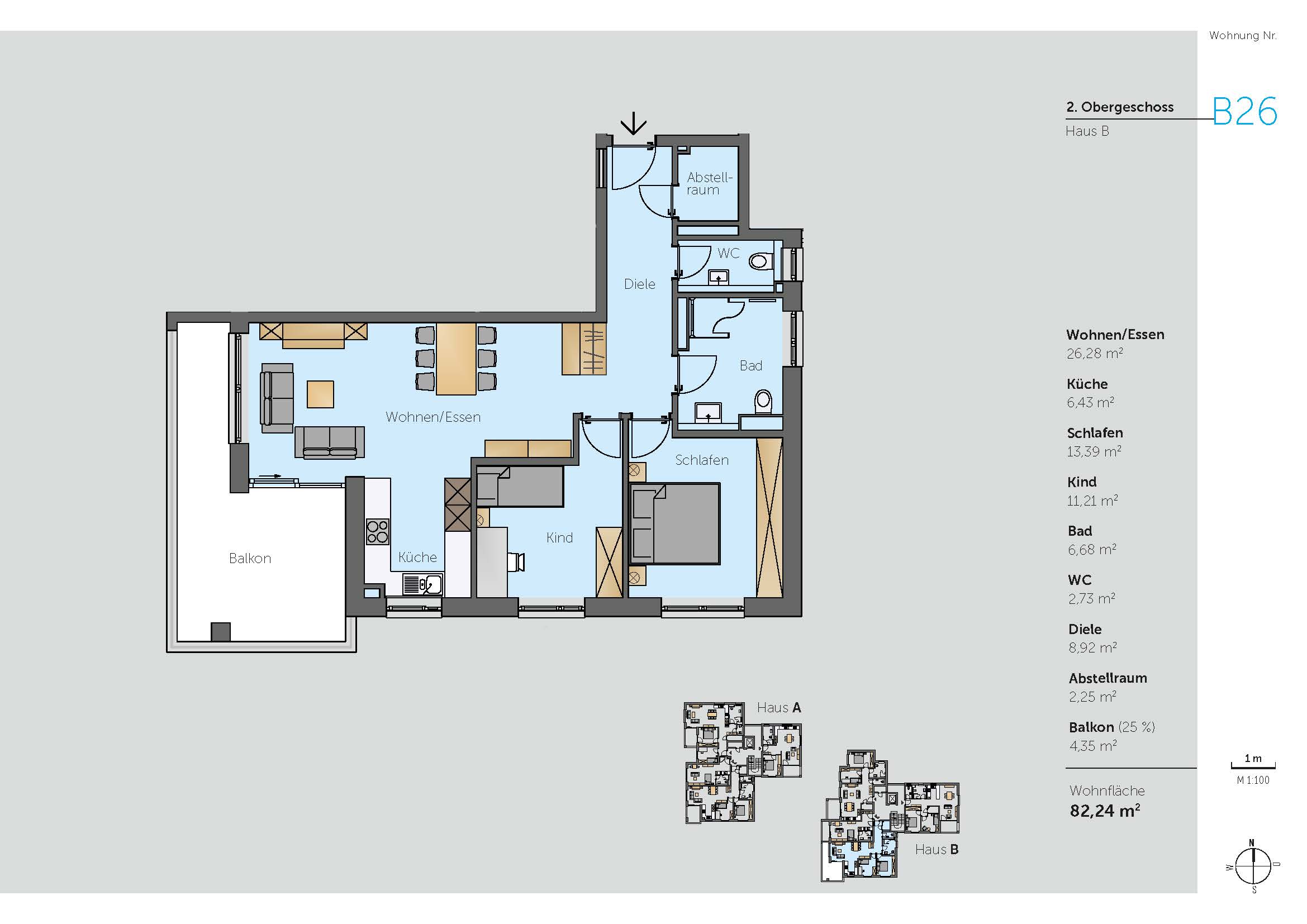 Grundriss Wohnung B26 – 2. Obergeschoss Haus B Grundriss der Wohnung B26 im 2. Obergeschoss von Haus B mit drei Zimmern, Küche, Bad, WC, Diele, Abstellraum und großem Balkon – Wohnfläche: 82,24 m²