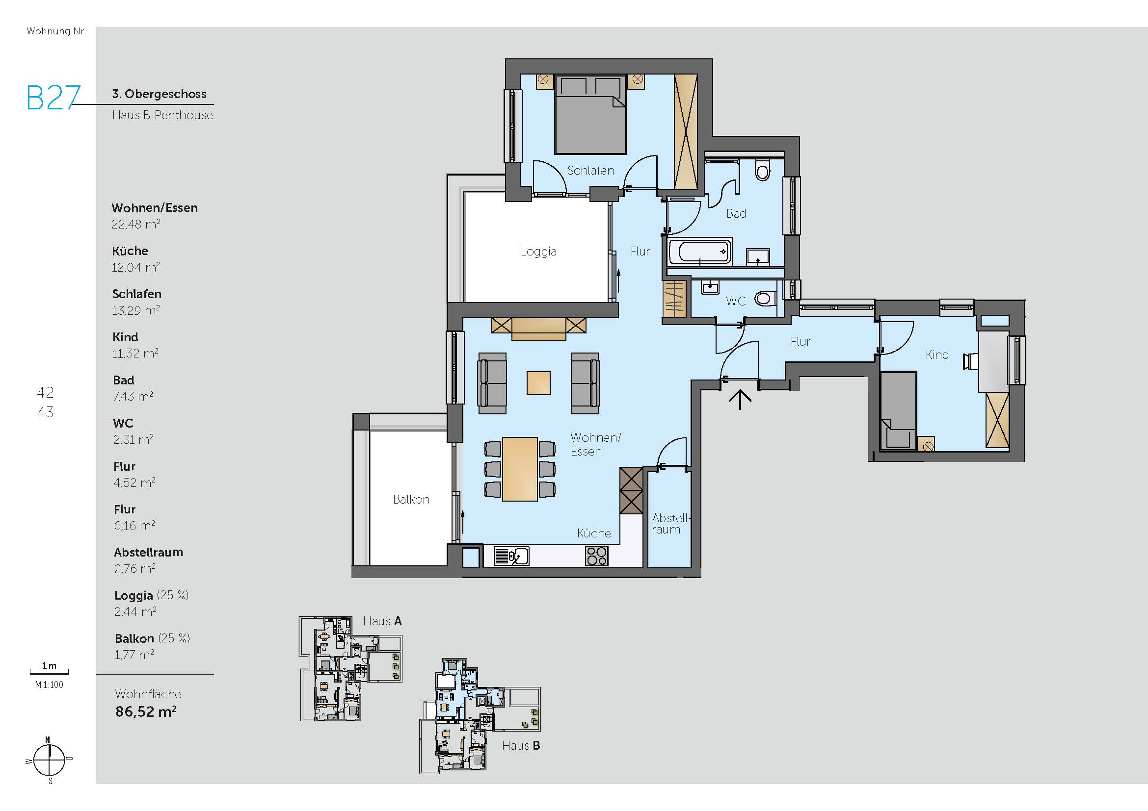 Wohnung B27 – Grundriss Penthouse, 3. Obergeschoss Haus B Grundriss einer 3-Zimmer-Penthousewohnung im 3. Obergeschoss in der Schwester-Ingona-Straße (wobauaalen), Wohnung B27, mit Wohn- und Essbereich, Küche, Schlafzimmer, Kinderzimmer, Bad, separatem WC, Flur, Abstellraum sowie Loggia und Balkon; Wohnfläche ca. 87 m².