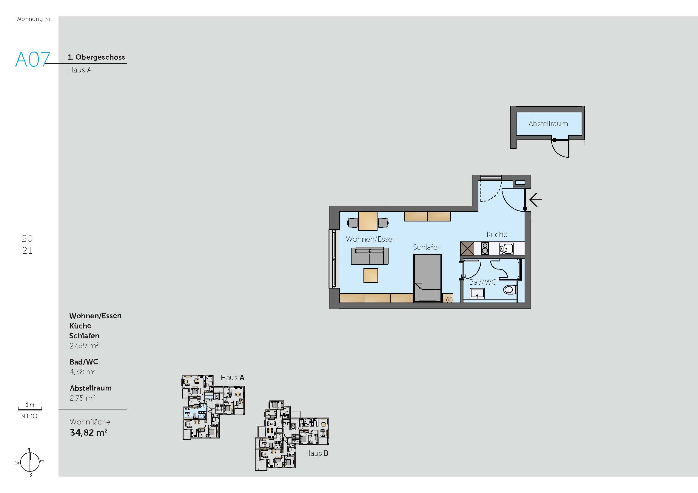 Grundriss Wohnung B23 – 2. Obergeschoss Haus B Grundriss der Wohnung B23 im 2. Obergeschoss von Haus B mit drei Zimmern, Küche, Bad, WC, Abstellraum, Diele, Flur und Balkon – Wohnfläche: 74,06 m².