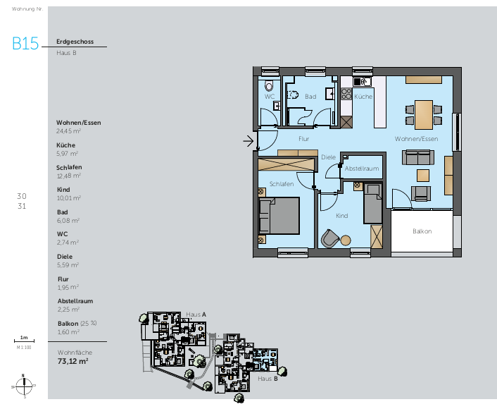 Grundriss Wohnung B23 – 2. Obergeschoss Haus B Grundriss der Wohnung B23 im 2. Obergeschoss von Haus B mit drei Zimmern, Küche, Bad, WC, Abstellraum, Diele, Flur und Balkon – Wohnfläche: 74,06 m².