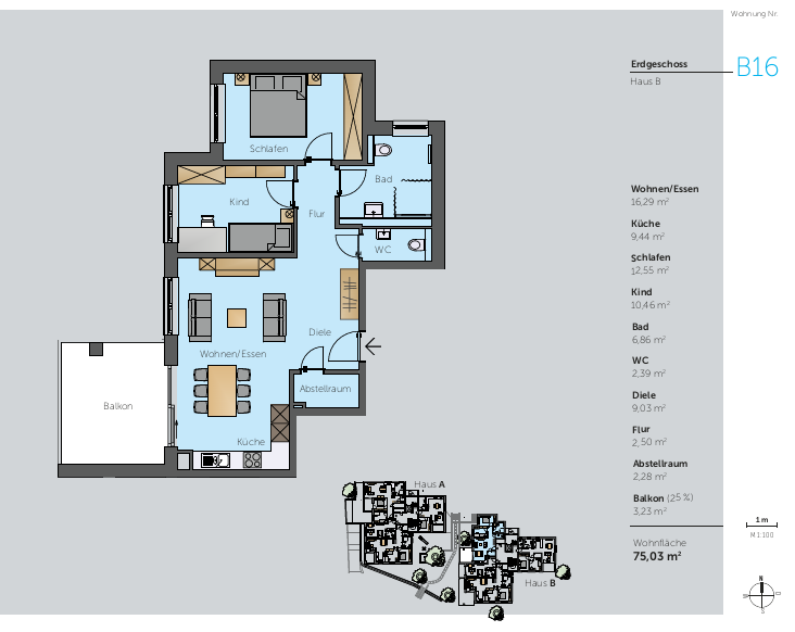 Grundriss Wohnung B23 – 2. Obergeschoss Haus B Grundriss der Wohnung B23 im 2. Obergeschoss von Haus B mit drei Zimmern, Küche, Bad, WC, Abstellraum, Diele, Flur und Balkon – Wohnfläche: 74,06 m².