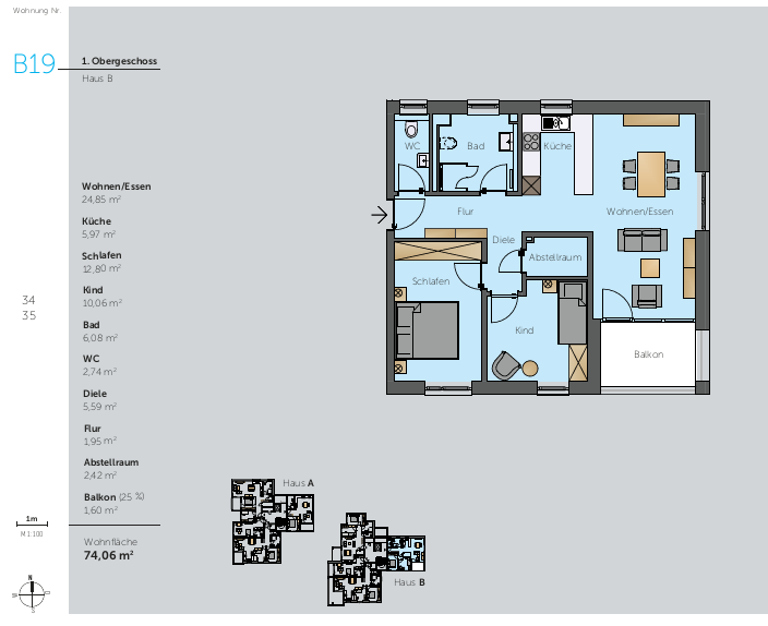 Grundriss Wohnung B23 – 2. Obergeschoss Haus B Grundriss der Wohnung B23 im 2. Obergeschoss von Haus B mit drei Zimmern, Küche, Bad, WC, Abstellraum, Diele, Flur und Balkon – Wohnfläche: 74,06 m².