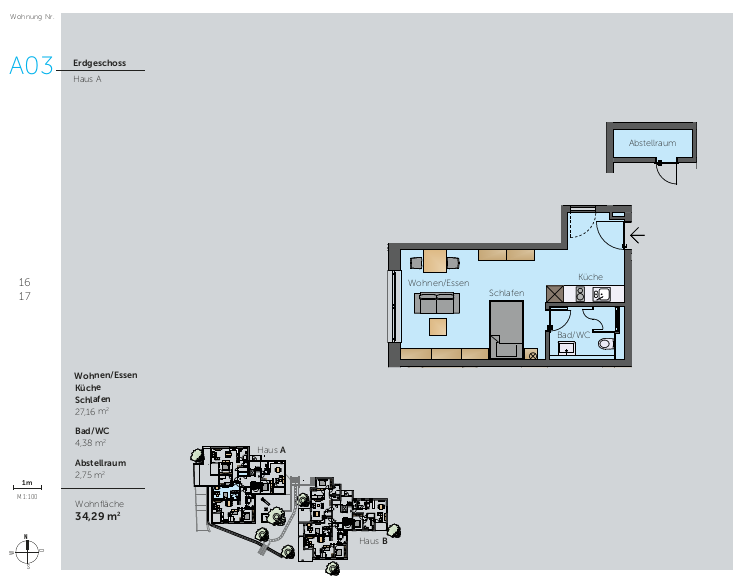 Grundriss Wohnung B23 – 2. Obergeschoss Haus B Grundriss der Wohnung B23 im 2. Obergeschoss von Haus B mit drei Zimmern, Küche, Bad, WC, Abstellraum, Diele, Flur und Balkon – Wohnfläche: 74,06 m².