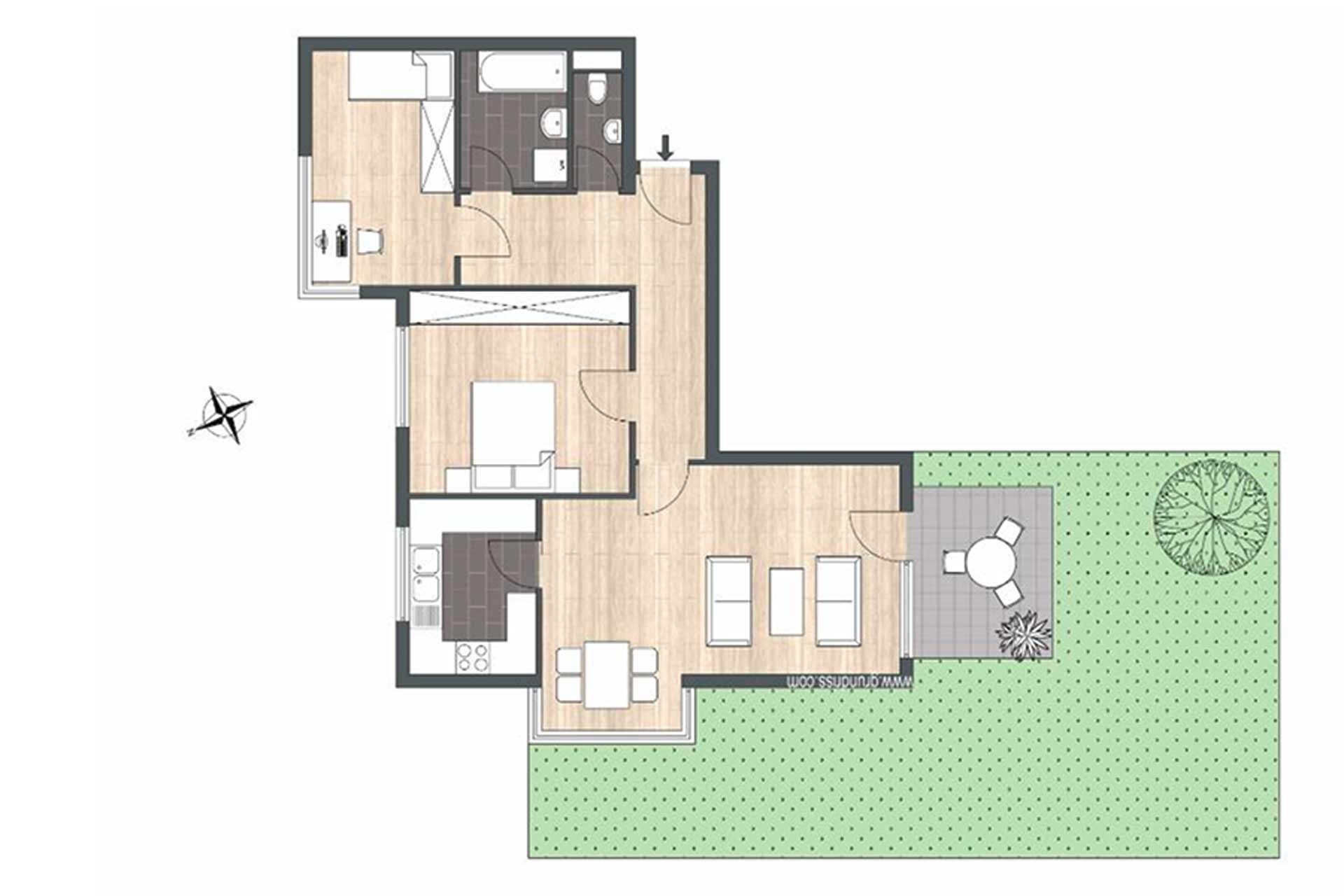 wobau-aalen-eigentumswohnung-pleuerstr-grundriss Grundriss der 2,5-Zimmer-Wohnung mit Balkon, Wohn-/Essbereich, separater Küche, Schlafzimmer, Bad/WC und Garderobe
